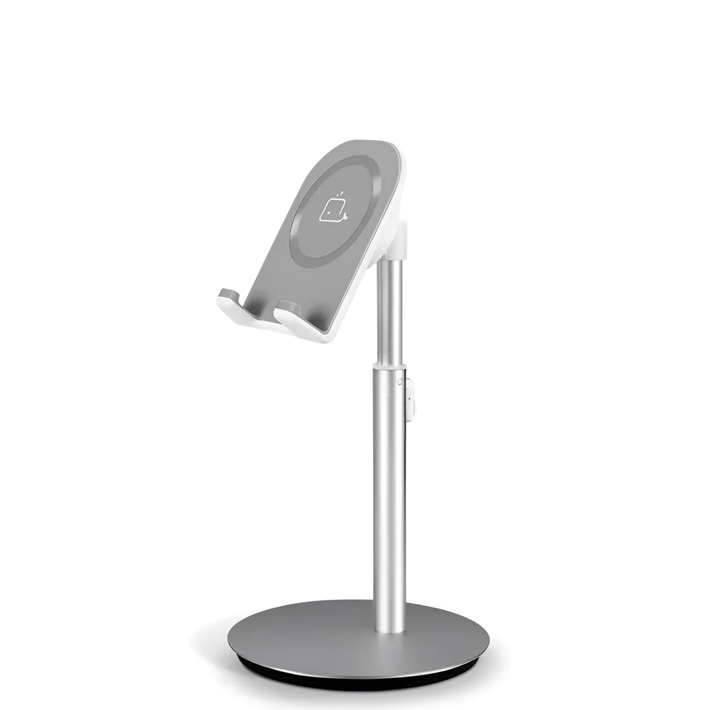 Silver metal desktop phone and tablet holder showing adjustable design for 3-11 inch mobile devices