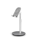 Silver metal desktop phone and tablet holder showing adjustable design for 3-11 inch mobile devices