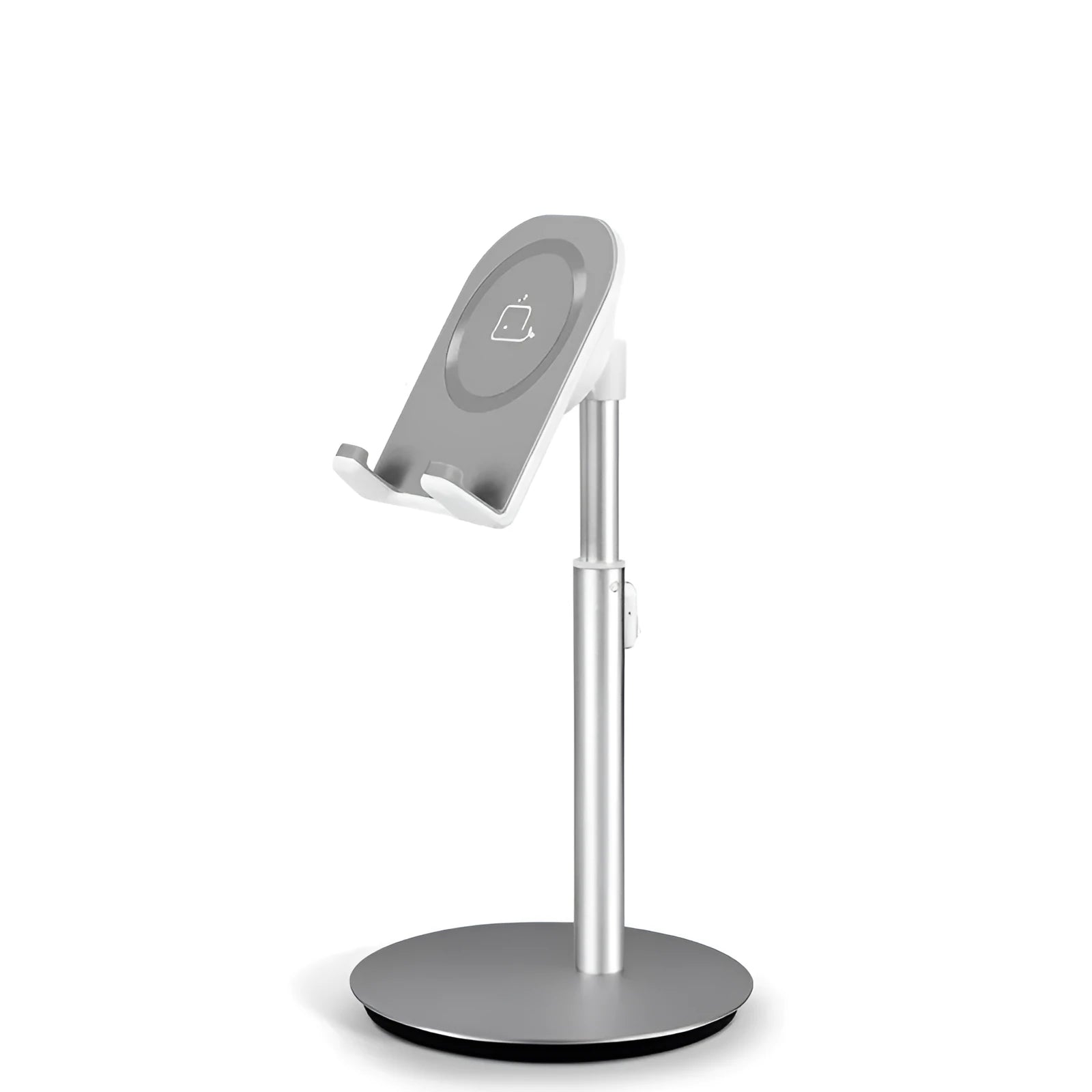 Silver metal desktop phone and tablet holder showing adjustable design for 3-11 inch mobile devices