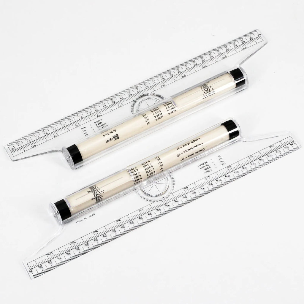 30cm plastic rolling ruler with roller, protractor, magnifying glass, and vertical line holes on white background