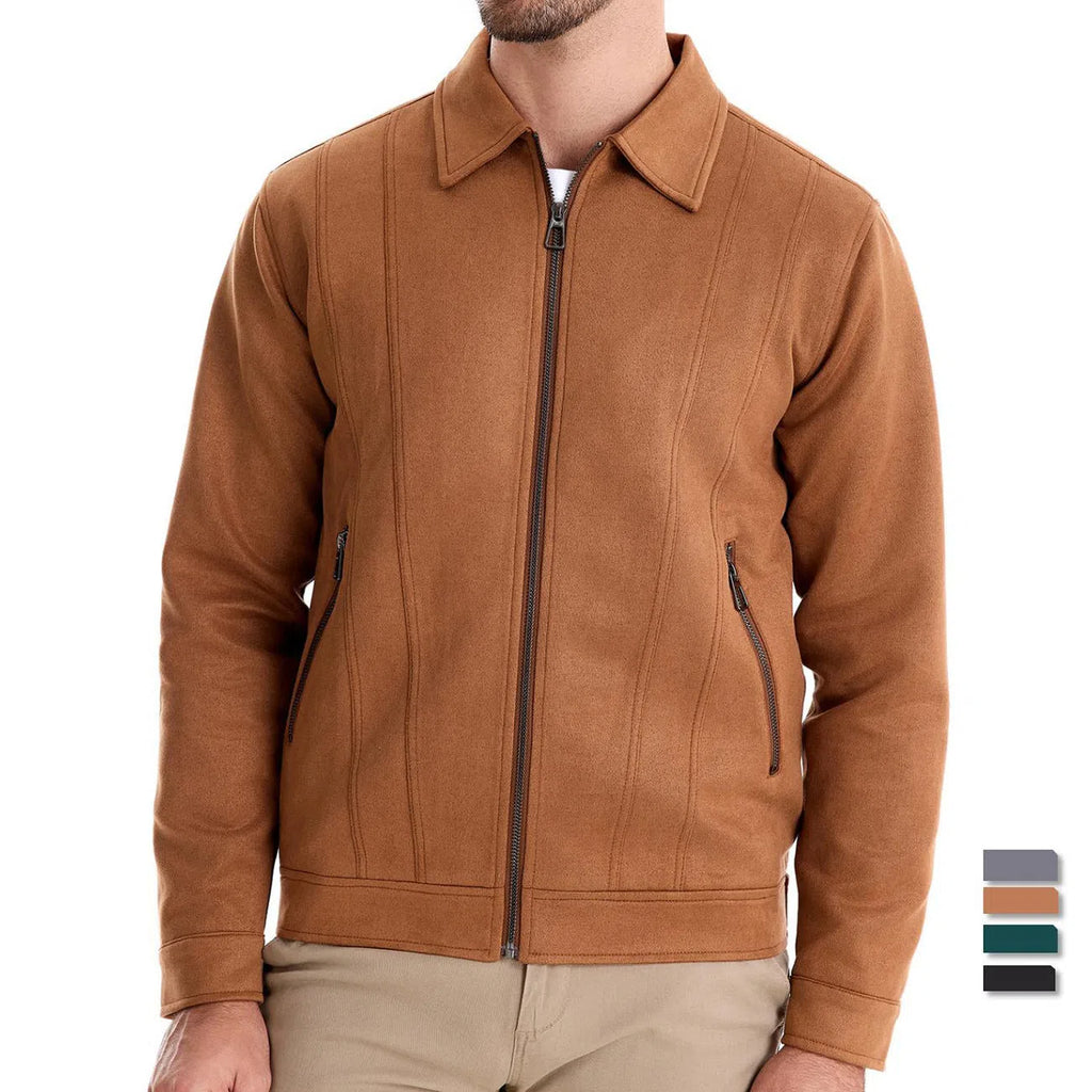 Men's solid suede lapel zipper jacket autumn winter outdoor coat front view