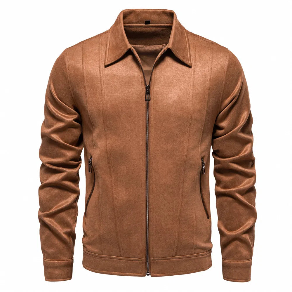 Men's solid suede lapel zipper jacket autumn winter outdoor coat front view
