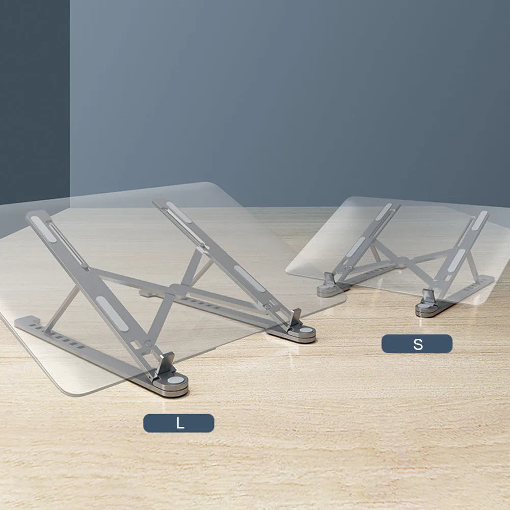 Aluminium foldable laptop stand shown in silver colour, adjusted to a mid-height position.