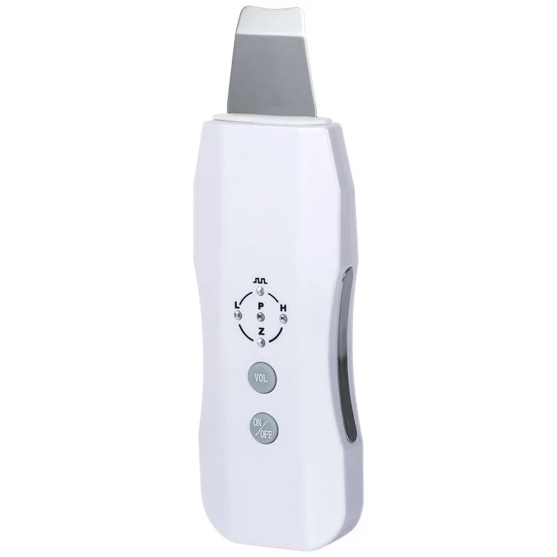 White ultrasonic facial cleanser with ABS body and stainless steel head on blue background