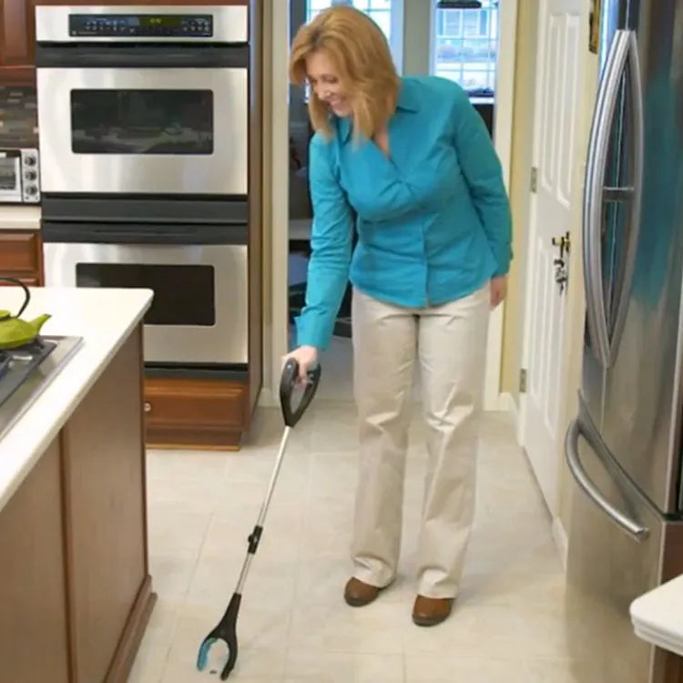 Blue foldable portable pickup tool with aluminium shaft and stainless steel grabber, shown extended and collapsed.