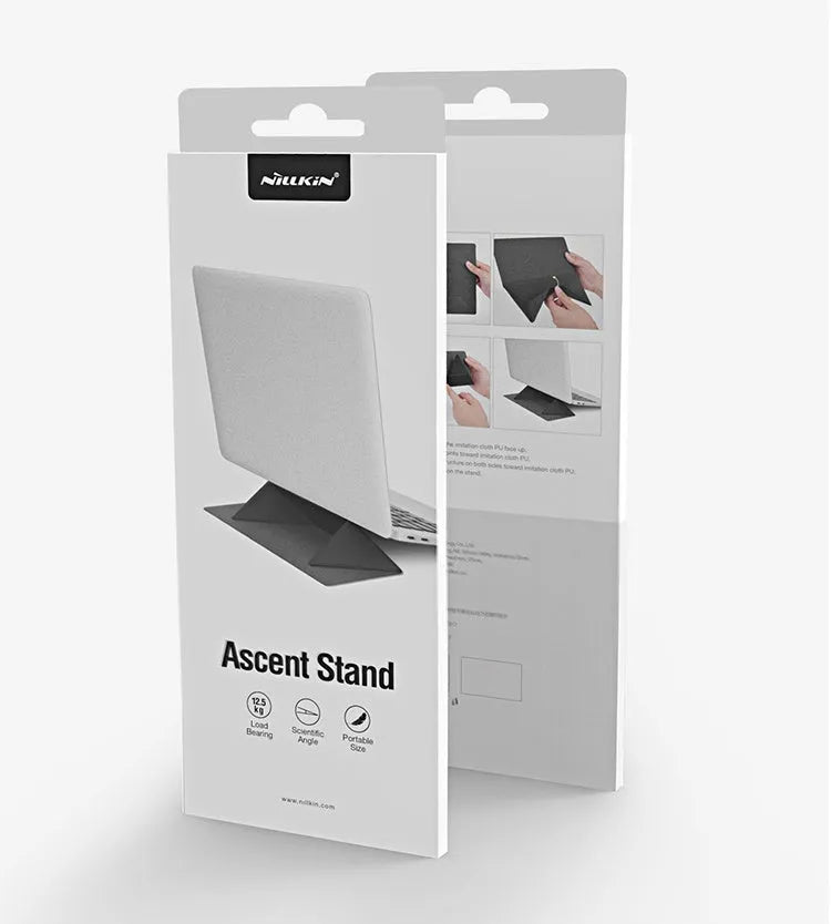 Blue foldable laptop cooling bracket shown open and closed, with an ergonomic viewing angle.