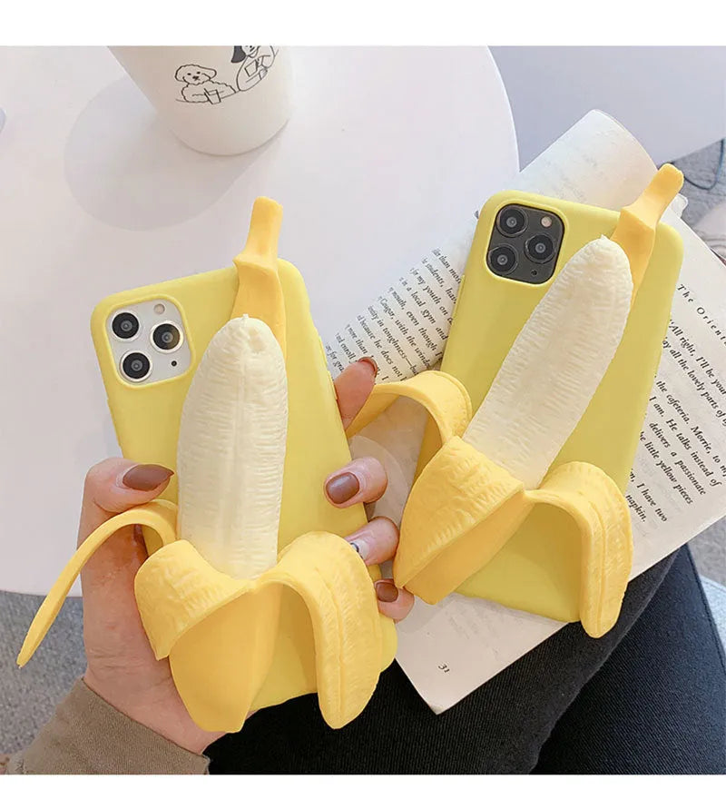 Unzip banana silicone phone case in bright yellow for iPhone, showing realistic unzip detail and soft TPU back protector