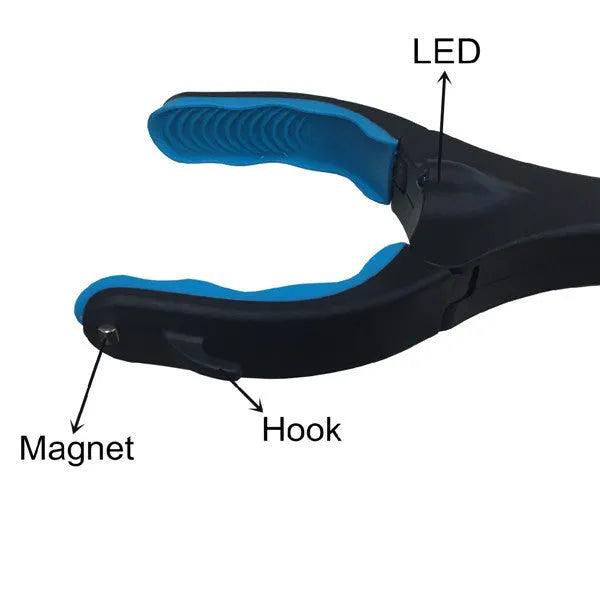 Blue foldable portable pickup tool with aluminium shaft and stainless steel grabber, shown extended and collapsed.