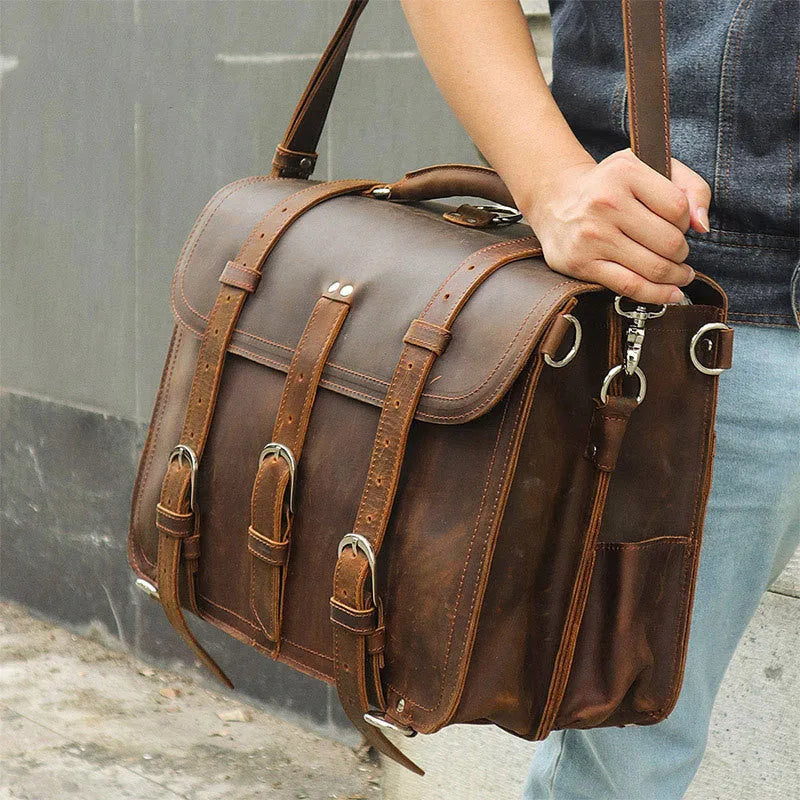 Crazy Horse leather tote bag in brown black, horizontal square shape, 42cm long
