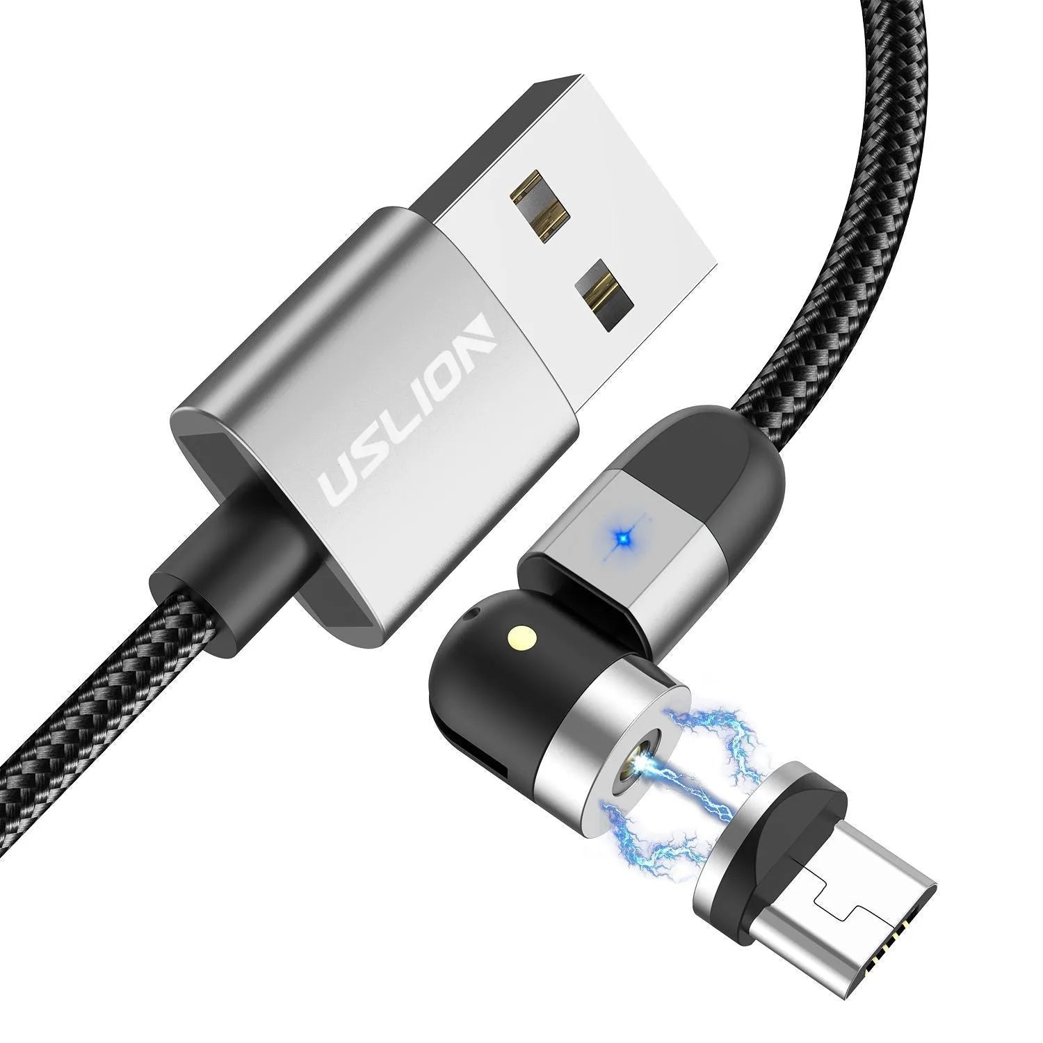 540° magnetic three-in-one data cable with aluminium alloy connector, TPE jacket, and LED indicator light on a table next to a smartphone