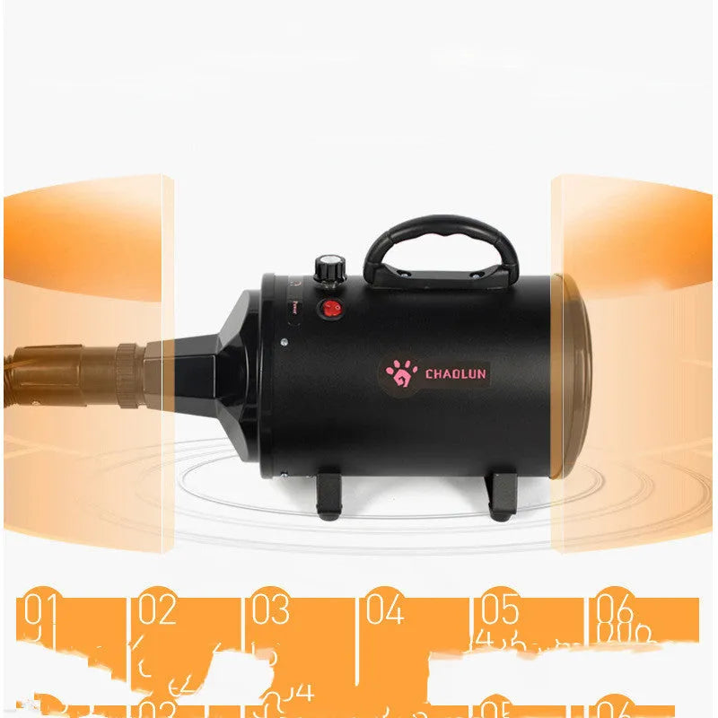 Pet water blowing machine in black with nozzle, adjustable wind speed and temperature for dogs and cats