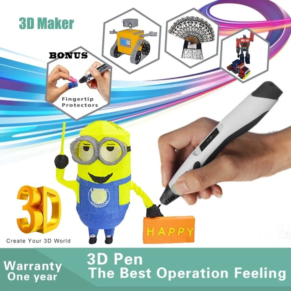 3D painting graffiti pen in black plastic, 180mm long, on a flat surface with coloured filament