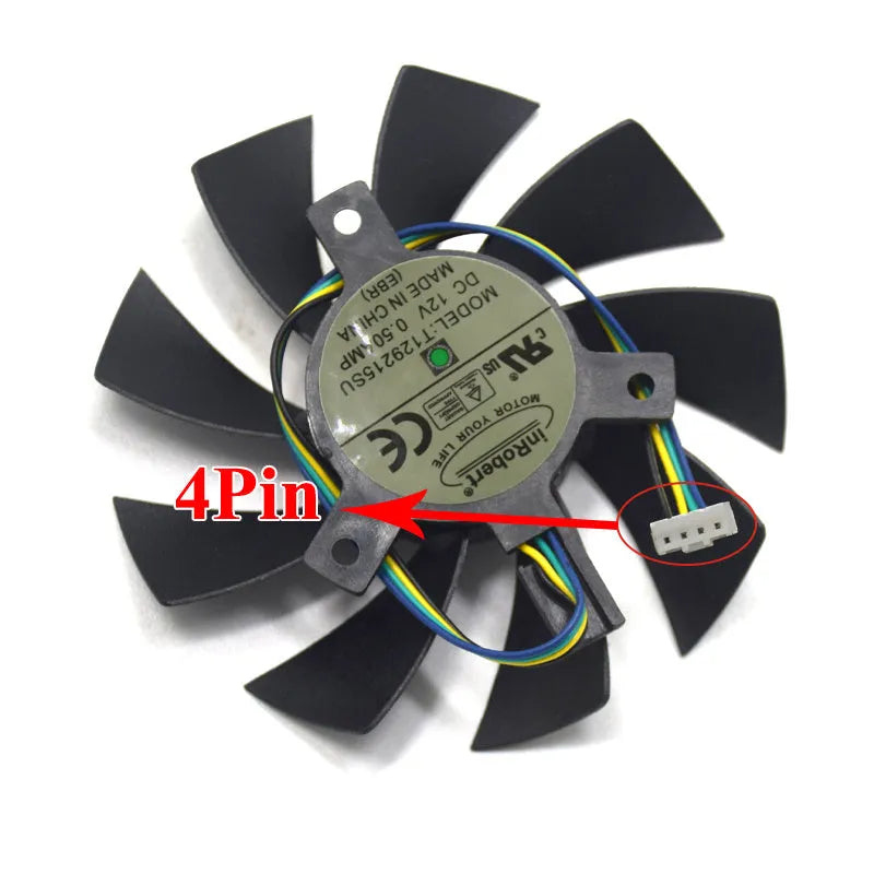 Black 85mm graphics card cooling fan with 4-pin connector and inRobert label