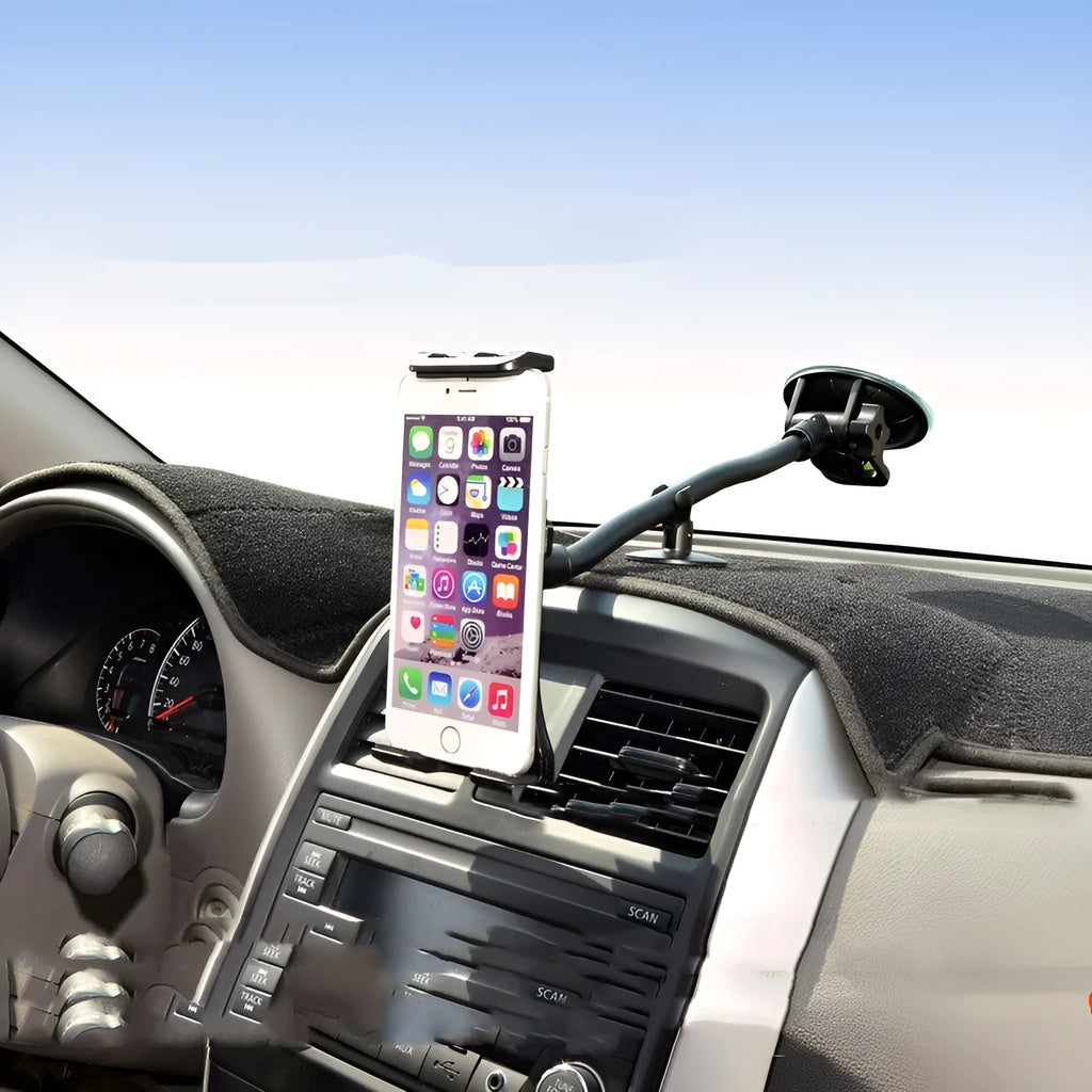 Black universal vehicle-mounted tablet and phone holder with suction cup on a car dashboard