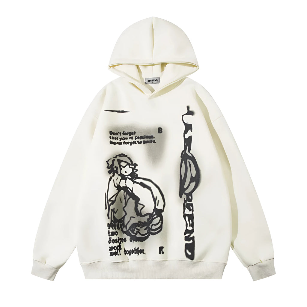 Men's fashion personality printed hoodie in cotton blend, black colour, character pattern, front view