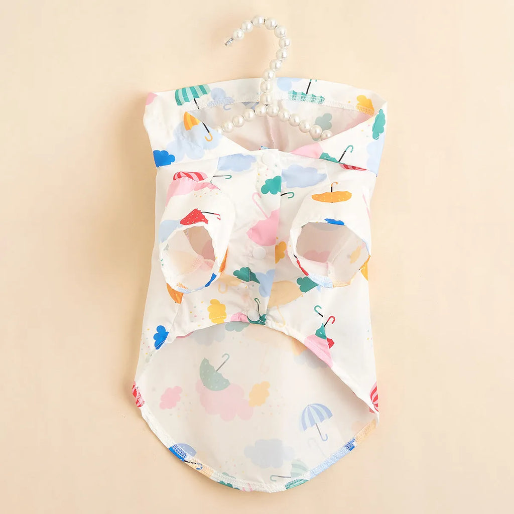 Colourful cartoon umbrella pattern pet raincoat for a small dog, shown in size L.