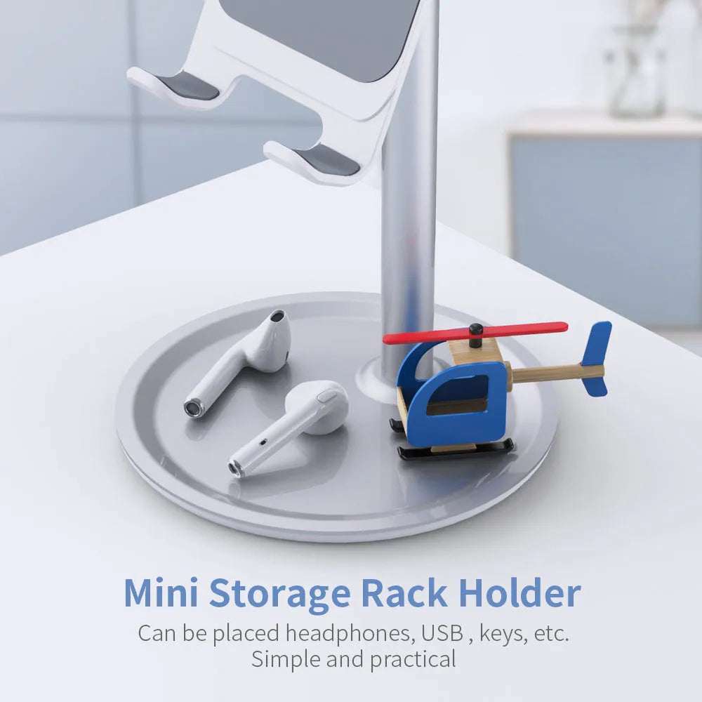 Aluminium alloy mobile phone stand with silicone head and ABS base in black or white colour.
