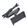 Black universal car phone holder mounted on rear seat base with tablet secured in clamp