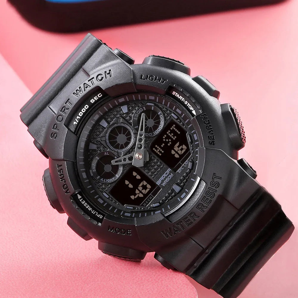 Women's multifunctional waterproof sports digital watch with resin case and stainless steel, available in multiple colours
