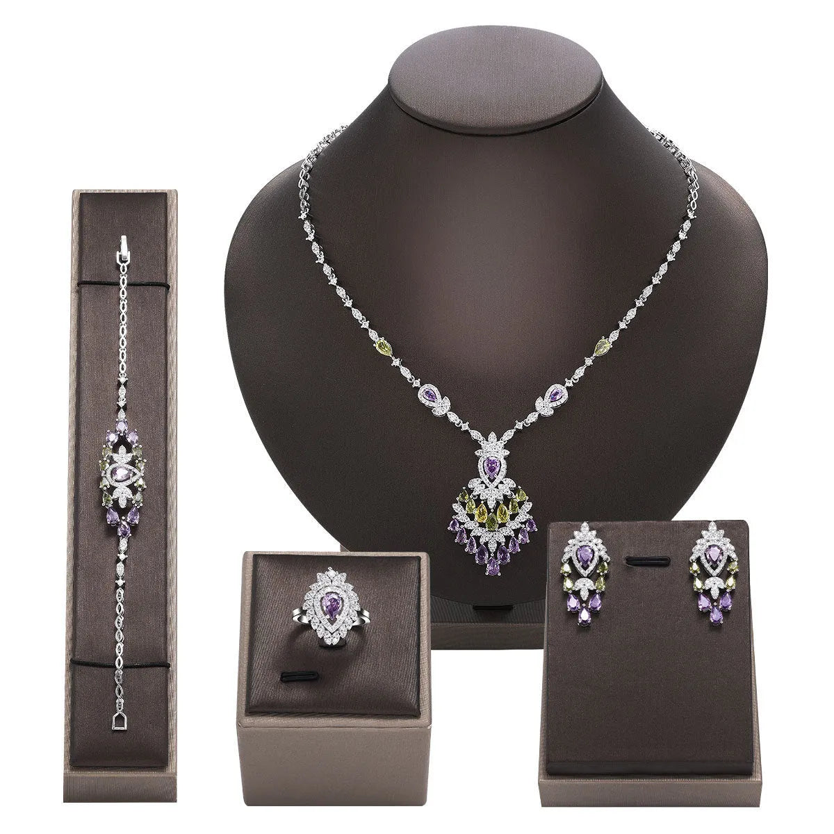 White copper zircon inlay floral pattern women's jewellery set with necklace, earrings, ring, and bracelet