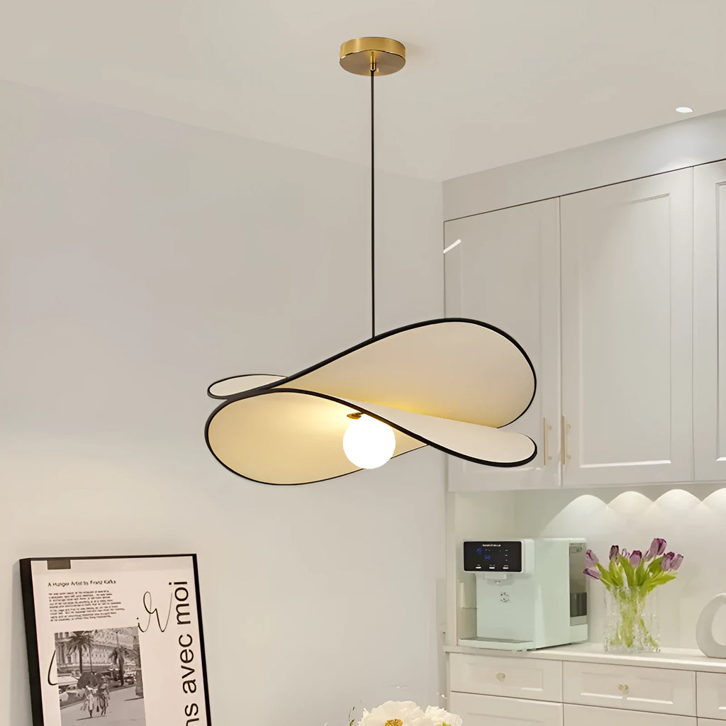 French style fabric potato chip chandelier pendant light in white, shown in a bedroom setting.