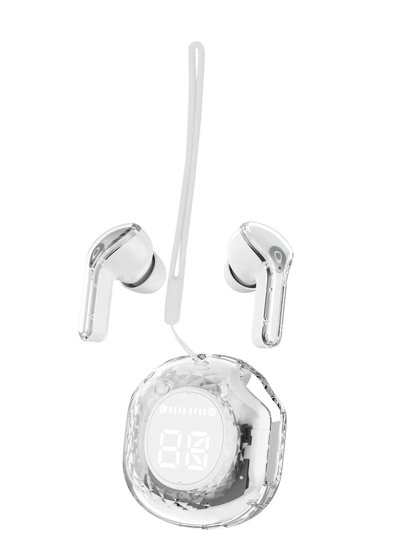 BT19 earclip wireless sports Bluetooth earphones in white with digital display and button controls