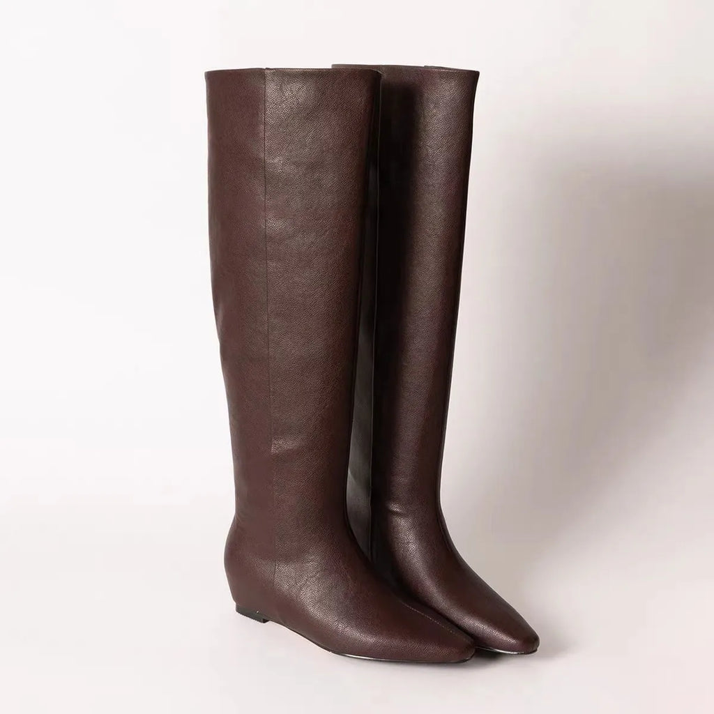 Retro style square toe tall knight boots in black with mid heel and cowhide upper