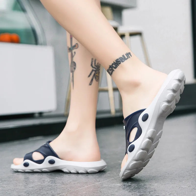 Men's indoor plastic flip-flop bathroom slippers with rubber sole, available in multiple colours and sizes 36-45