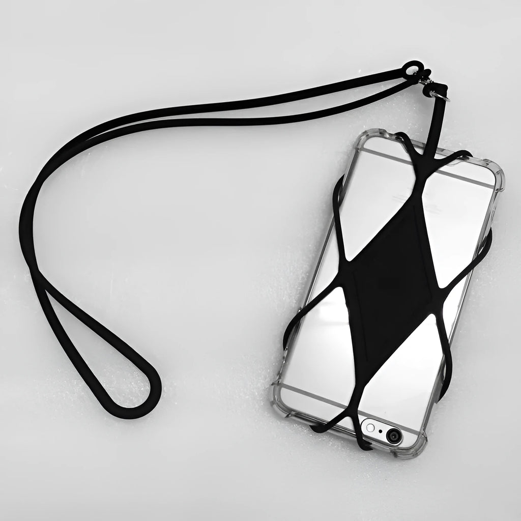Universal silicone phone case with lanyard in black, suitable for 4 to 6.5 inch screens