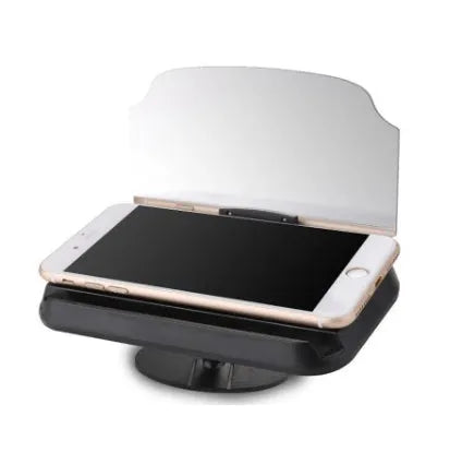 Black mobile navigation bracket with hard tempered glass Head-Up display and suction cup magnet mount on car dashboard