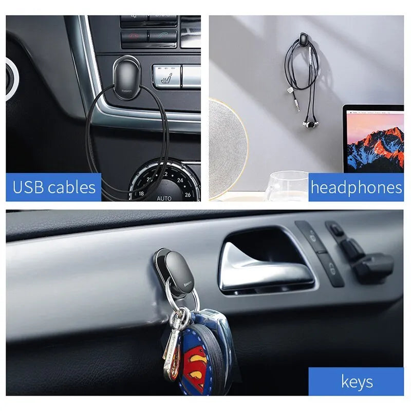 Black multi-function mini hook for car with 3M adhesive on smooth surface