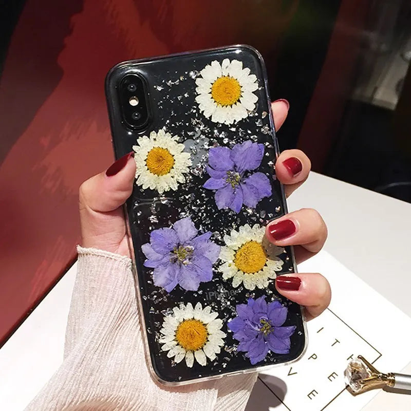 Handmade clear iPhone case with real dried flowers in epoxy resin on soft TPU back cover