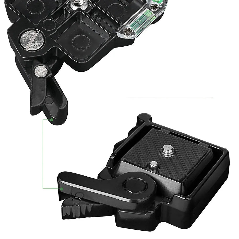 Black quick release tripod mount adapter with metal plate and base for cameras and iPhones