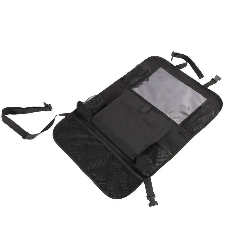 Black multi-pocket car organiser hanging on back seat headrest with phone and drink holders