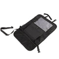 Black multi-pocket car organiser hanging on back seat headrest with phone and drink holders
