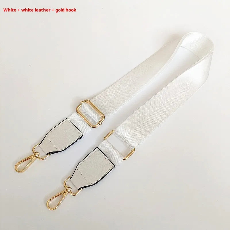 Adjustable nylon shoulder strap with gold hook, shown in 22 colour options for women's bag replacement