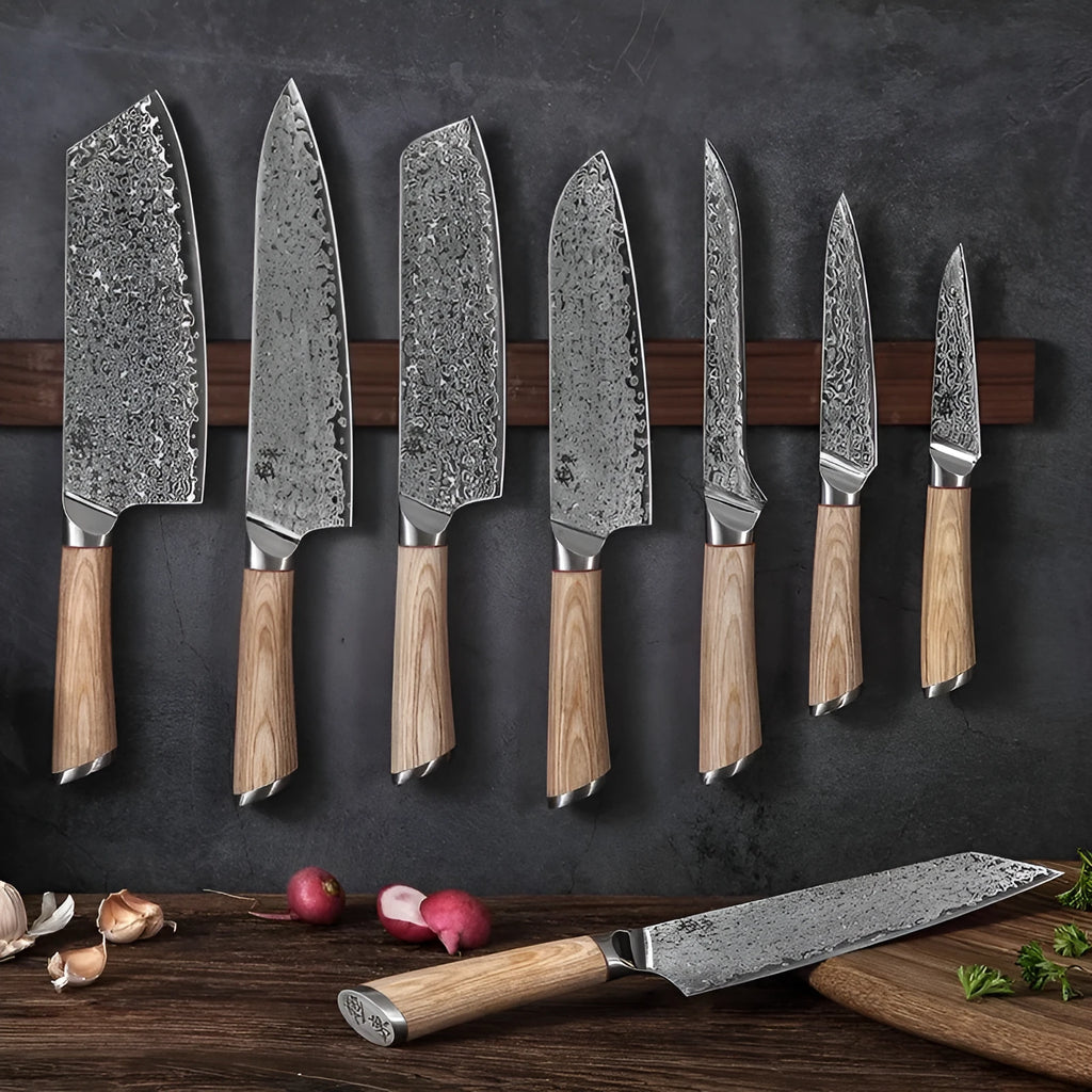 Damascus pattern kitchen knife set with V gold steel core showing 67-layer folded construction