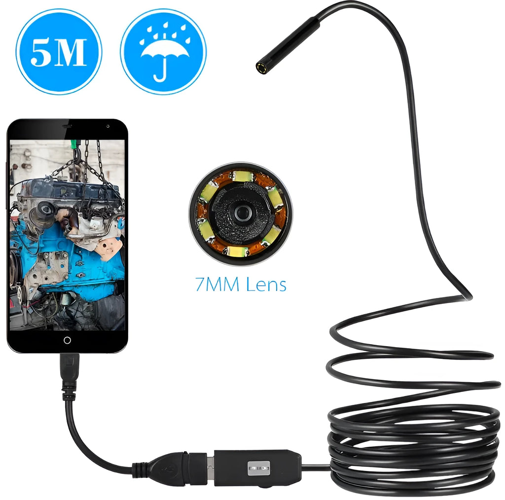 OWSOO USB endoscope camera with 7mm lens, 5m waterproof cable, and retrieval attachments for phone and computer inspection