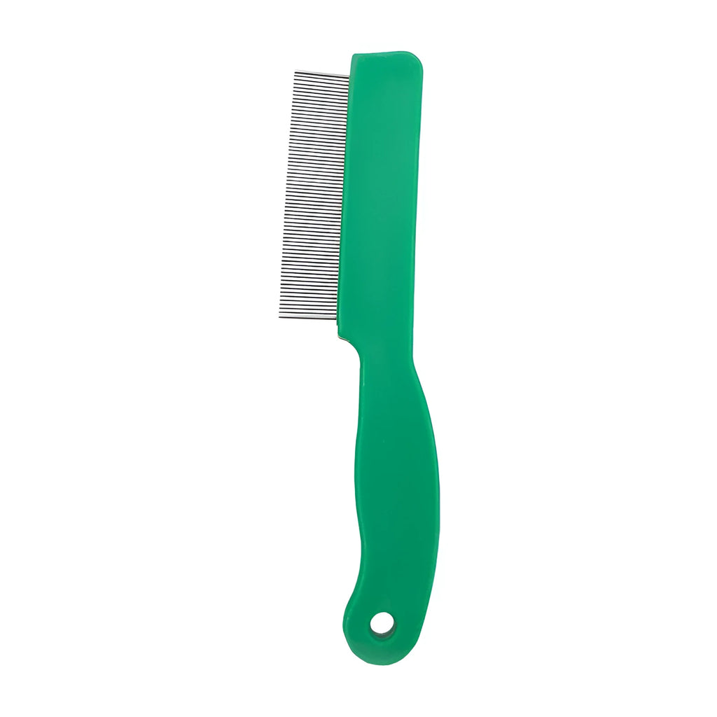 Green plastic-handled stainless steel pet flea comb for dog and cat grooming measuring 129mm