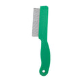 Green plastic-handled stainless steel pet flea comb for dog and cat grooming measuring 129mm