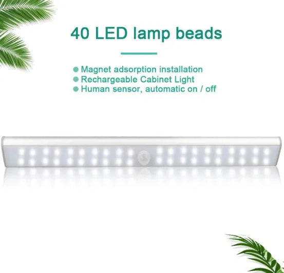 Slim rechargeable motion sensor LED strip light in three length options on a dark background.