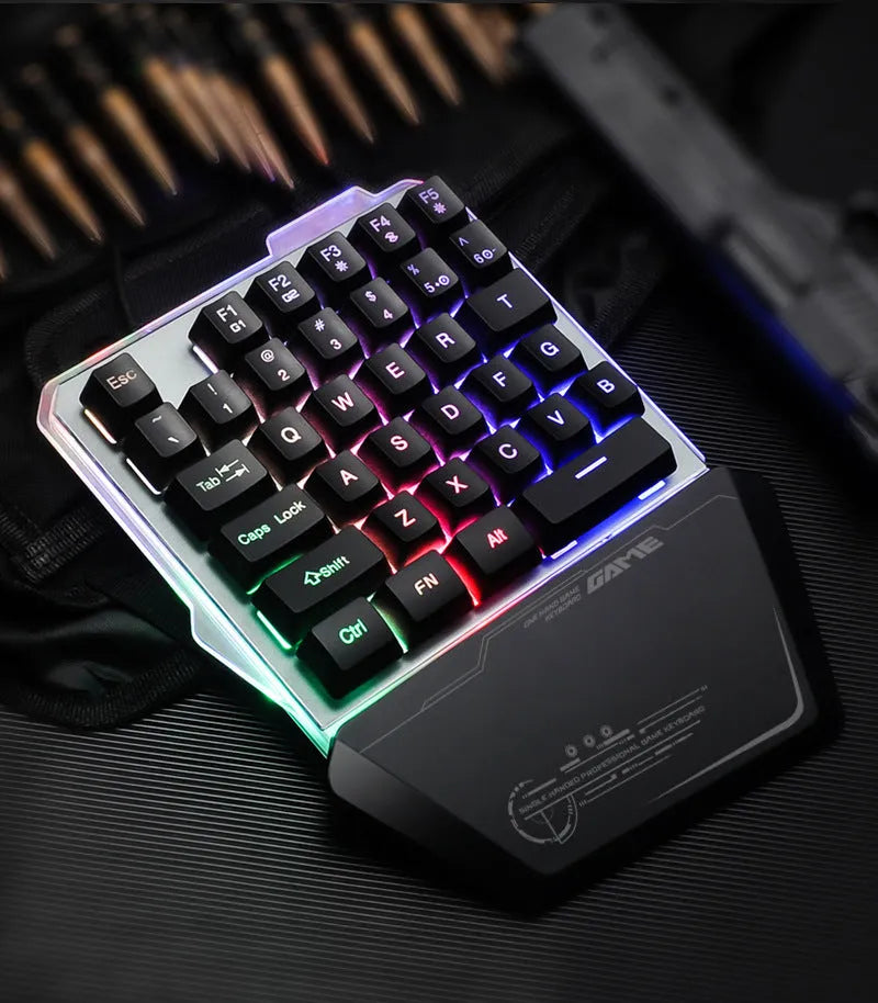 G40 Flow one-handed robotic gaming keyboard in Metal Lantern colour with RGB backlit keys.
