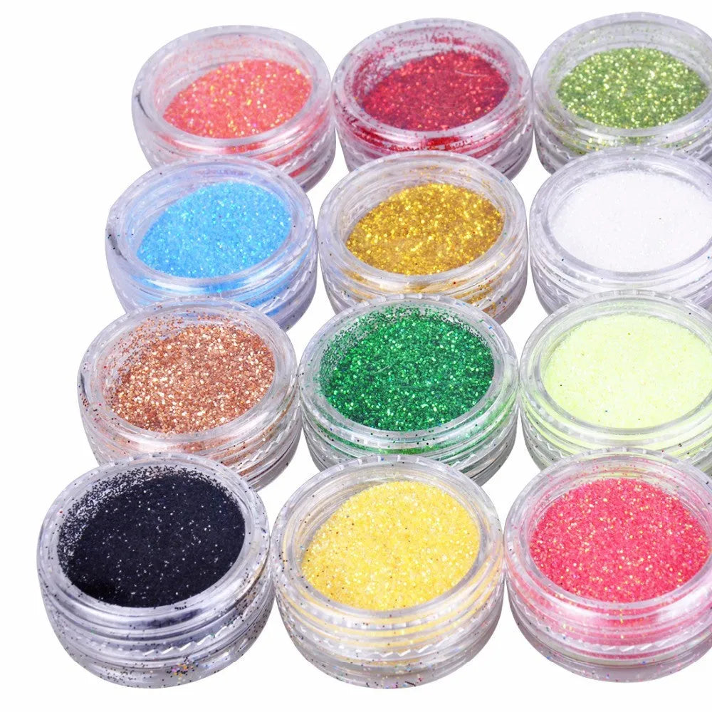 24-colour 3D nail art glitter set in clear box, 128.5g total weight