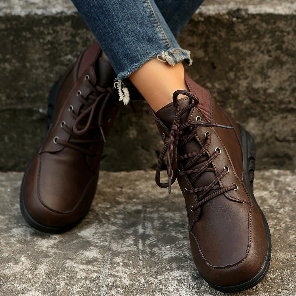 Women's round toe lace-up ankle boots with front strap, flat non-slip sole, retro Western style, brown yellow black, sizes 36-43