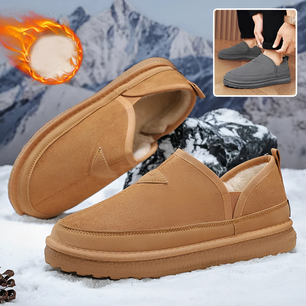 V-cut fleece snow boots for men in black suede with round toe and non-slip sole