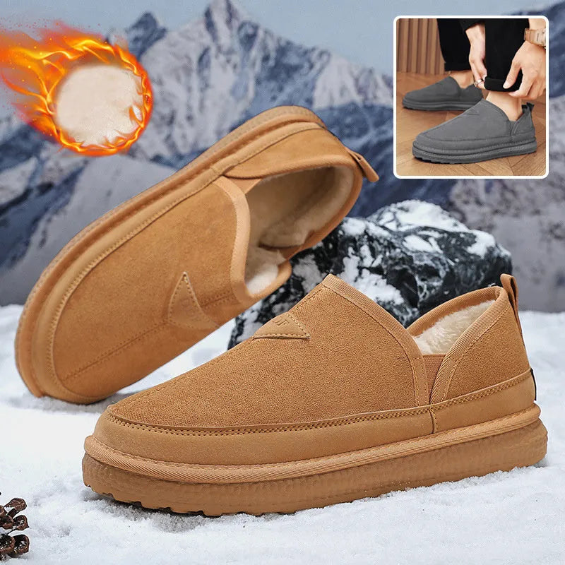 V-cut fleece snow boots for men in black suede with round toe and non-slip sole