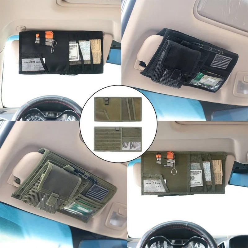 Black 1000D nylon car sun visor organizer measuring 36x35cm with storage compartments