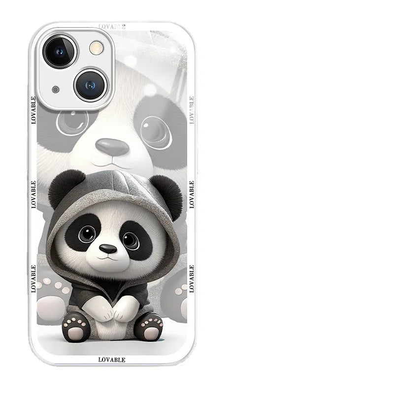 Black glass phone case with liquid silicone sleeve featuring milk tea panda design for iPhone 13