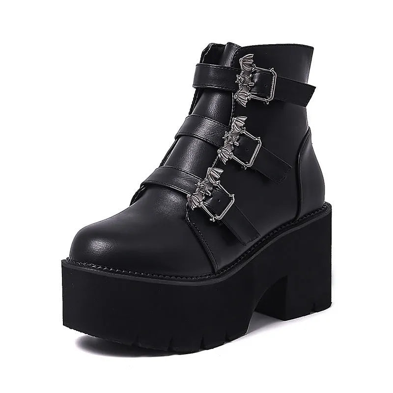 Black women's Harajuku punk-style Martin boots with a bat buckle and side zipper.