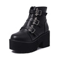 Black women's Harajuku punk-style Martin boots with a bat buckle and side zipper.